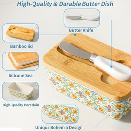 Howise Butter Dish with Lid, Large Butter Dish for Countertop, Ceramic Butter Keeper Container with Knife and Silicone Sealing Butter Box for Home Decor Good Kitchen Gift RetroA