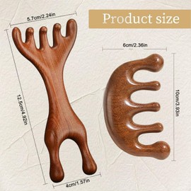 Scalp Massage Comb Wooden Comb Set of 2 - Natural Sandalwood Comb with 5 Prongs & Double Head Deer Antler Design - Antistatic, Handy for Scalp Stimulation, Gua Sha & Body Relaxation (Sandalh