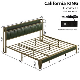 LIKIMIO California King Bed Frame, Storage Headboard with Charging Station, Solid and Stable, Noise Free, No Box Spring Needed, Easy Assembly (Dark Green)