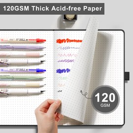 EMSHOI A5 Notebook Dotted Journal - 120gsm Thick Paper, Hardcover Leather Dot Grid Notebook for Women Men Bullet Journaling with 160 Pages, Journal Stencils, Inner Pocket, 21 x 14.5 cm, Black