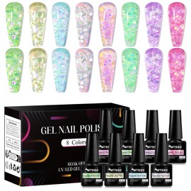 MTSSII Jelly Glitter Gel Nail Polish Set 8 Pcs Transparent Glass Flowinglight Gel Polish Sheer Shiny Sequins Pink Blue Green Purple Gel Nail Kit for Nail Art DIY Manicure at Home