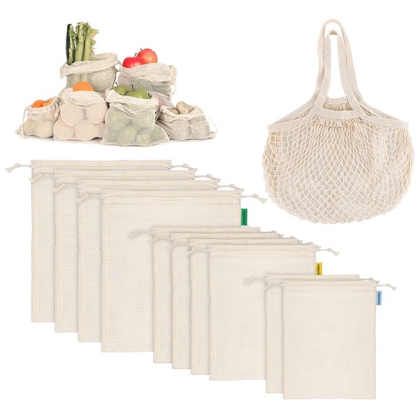 Anstore Fruit and Vegetable Bags, Set of 11, Reusable Shopping Bag, Cotton Bag, Vegetable Bags, Plastic-Free Shopping Nets Fruit Vegetable Nets Bread Bag Washable (2 x S, 4 x M, 4 x L + 1 Storage Bag)