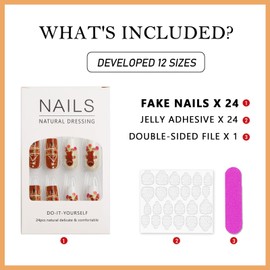 Christmas Gingerbread Press On Nails Medium Coffin, Brown Base Color with Gingerbread Men, Snowhouse, and Candy Designs, Holiday Manicure for Christmas Parties and Celebrations