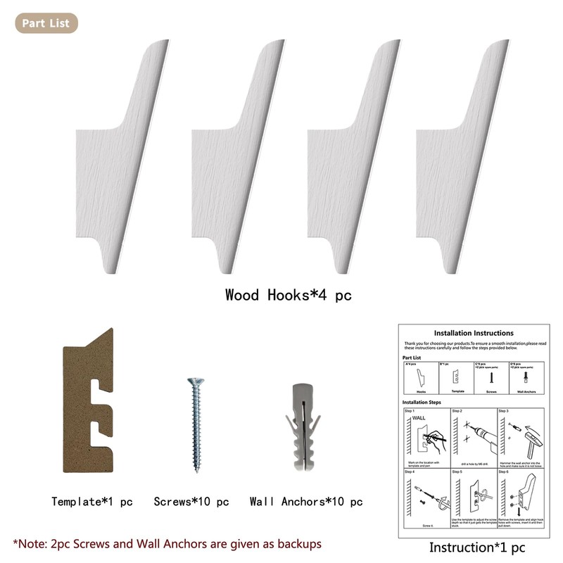 FCOWK Wood Wall Hooks 4 Pack Coat Hooks Wall Mount