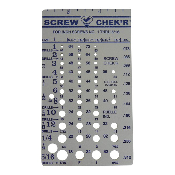 Ruelle Screw Chek’r SAE/ Inch Screw Thread Size Gauge (No. 1 to 5/16) 1/8 Inch Heavy Gauge Steel Screw Checker, Made in USA