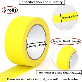 HUAZIZ 6 Rolls of Coloured Tape, Each Roll is 20 Metres Long, VRainbow Tape Set, Masking Tape Set for Crafts, DIY, Colour Coded, 18 mm Wide