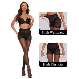 DUCMODA Women's Sheer Tights-20D Control Top High Waist Silky Pantyhose with Reinforced Toe-Black-M
