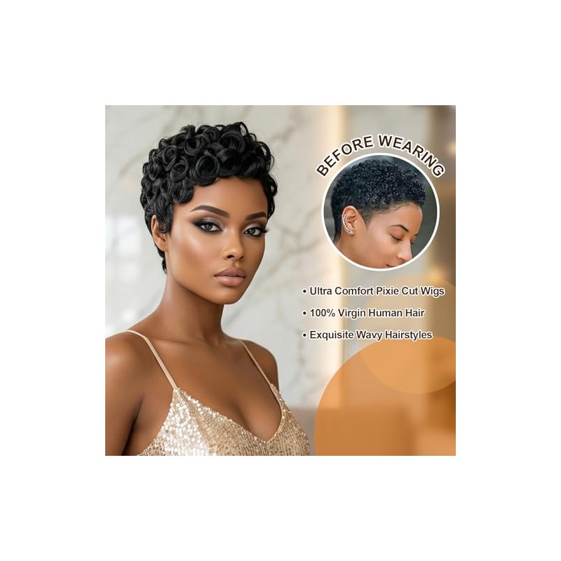 HANASCC Pelucas de cabello humano ultra cómodas con corte Pixie
