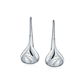 Carved Etched Puffed Pear Shaped Rain Drop Teardrop Earrings For Women Fishhook .925 Sterling Silver 1.8 Inch