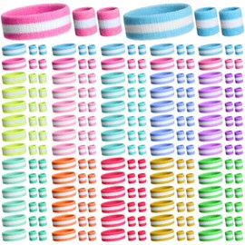 Cuffbow 36 Pcs Sweatband Set, Cotton Wrist Bands, Sports Headband, Moisture Wicking Sweat Absorbing for Men Women, Multiple Colors, Multiple Sizes, Multiple Sports Types, Striped Design