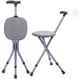 Folding Cane with Seat,Adjustable Walking Stick for Seniors,Lightweight Walking Cane with LED Light,Height Adjustment Cane Seat,Portable Cane Chair,Sturdy Crutches Stool,Supports up to 250 lbs