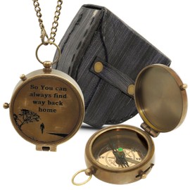 Vintage Brass Compass Engraved Quote - So You Can Always Find Way Back Home | Antique Pocket Compass with Chain & Leather Case | Easter Gift for Men & Women