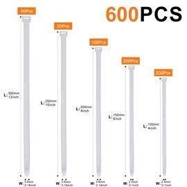 DUNSOO 600 Pack Cable Ties White, Heavy Duty Nylon Zip Ties, 100/150/200/250/300mm, Secure Self-Locking Mechanism, Multi-Purpose Plastic Tie Wraps for Wire Management, Indoor and Outdoor Use
