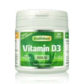 Greenfood Vitamin D3, 1000 IU, Vegan, high dose,180 Tablets - obtained from Lichen. Contributes to the Maintenance of Muscle Function, Teeth and Immune System. Without Artificial additives