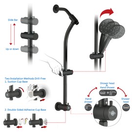 UCLIMAA Rainfall 8 Inch Round Shower Head with High Pressure Handheld Spray Combo, Drill-Free Slide Bar with Adjustable Shower Extension Arm, 3-Way Low Diverter for Easy Reach, 5Ft Hose- Matte Black