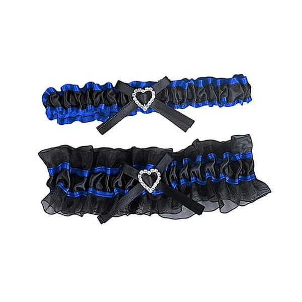 Blue Wedding Garters for Bride Ruffle Tulle Heart Crystal Deacor Satin Bridal Garter Belt Set of 2,Black Blue
