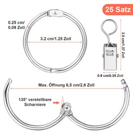 tonyg-p Pack of 25 Metal Curtain Rings, Curtain Rings with Clips, Curtain Hanging Rings for Window, Door, Shower Curtains, 32 mm Inner Diameter (Silver)