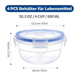 EASYLOCK 4 Pack 600 ml Food Storage Containers with Round Lid, Small, Salad Bowl Set, Meal Prep, Fruit Bowl, Ice Container for Ice Cream, Dessert Bowls, Plastic Bowl, Freezer Containers Small