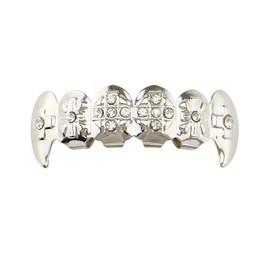OOCC Shiny Hip Hop Teeth Grillz Caps Iced Out CZ Top and Bottom Vampire Fangs Grillz with Diamonds for Your Teeth for Men and Women - for photo video shoots, clubbing