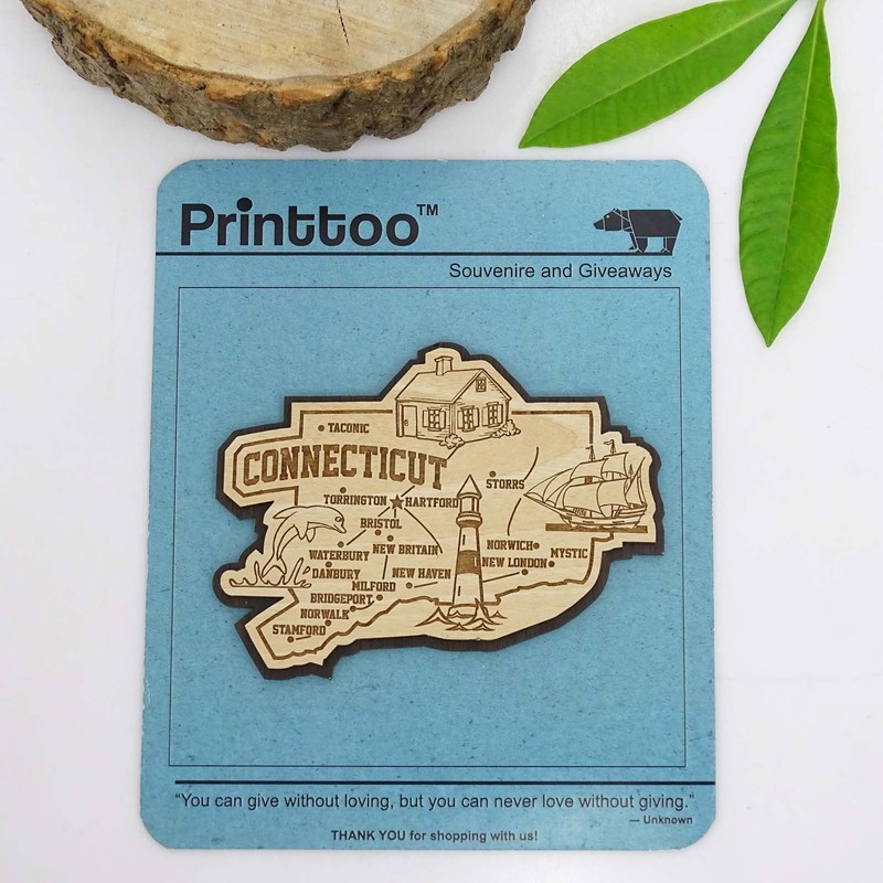 Printtoo Gift Collectibles Souvenir Wooden Connecticut Engraved Fridge Magnet