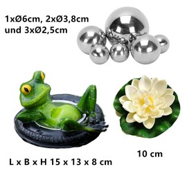 Super Idee Mini pond decoration set swimming frog with 6 silver balls and 2 pieces lotus flower for mini pond, patio pond, zinc tubs, solar fountain, garden, balcony, ponds decoration (frog on tyre)