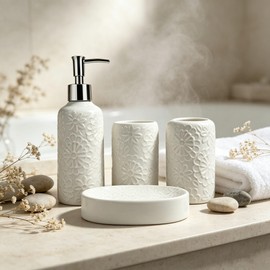 4 Piece White Ceramic Bathroom Accessories Set, 3D Embossed Floral Bath Decor Set with Soap Dispenser, Toothbrush Holder, Tumbler and Soap Dish, Elegant Countertop Organizer for Bathroom