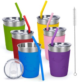 Carperipher 6 Pack Kids Cups with Rainbow Silicone Sleeves, 12oz 304 Stainless Steel Kids Cups with Lids and Straws, Travel Tumbler, Spill Proof Toddler Cups for Cold/Hot Drinks