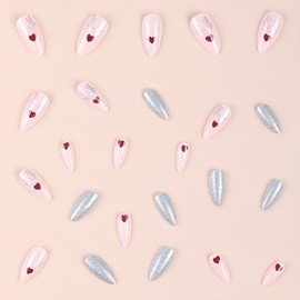 RIICFDD Christmas Press on Nails Medium Almond Fake Nails Blue Glitter False Nails Elk Glue on Nails Red Love Stick on Nails Full Cover Glossy Acrylic Nails for Women Artificial Nails 24 Pcs