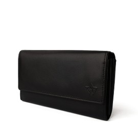 Genuine Leather Long Wallet for Women with Multiple Card Slots, Phone Compartment, Zipper Coin Pouch and RFID - Night Fall Black