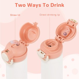 BEBOAN 550ml/18.6oz Kids Stainless Steel Insulated Water Bottle with Straw, Pink Metal Water Bottle for Kid, Double-Walled Thermal Bottle BPA-free, Flip up Child's Flask for Girls with 3 Cute Stickers