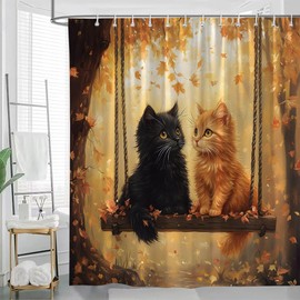 JONSEQIN Fall Cat Shower Curtain Cute Kitten Yellow Orange Maple Leaves Falling Leaf Autumn Funny Animal Rustic Farmhouse Thanksgiving Harvest Forest Bathroom Decor Curtains 70x70 inch with Hook