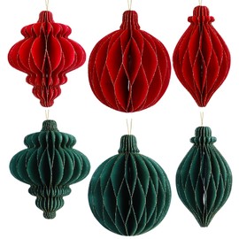6 pcs Red Green Paper Honeycomb Balls Christmas Decorations with Gold Rim Christmas Hanging Paper Pom Poms Honeycomb Decorations for Christmas Xmas Party Decors