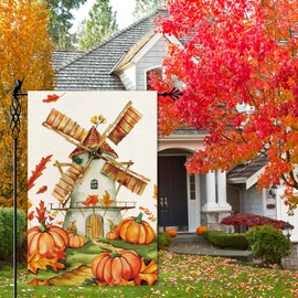 Jauageon Fall Windmill Garden Flag Autumn Pumpkins Garden Flag Maple Leaf Vertical Double Sided Rustic Farmland Burlap Yard Lawn Outdoor Decor 12.5x18"