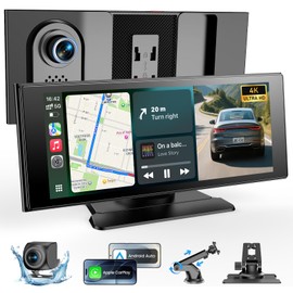 WonVon Wireless Car Play Screen, 10.26'' Monitor with Apple Carplay & Android Auto, 4K Dash Cam 64G, 1080P Backup Camera, Portable Smart Touch Tablet Stereo Multimedia Dashboard, Bluetooth/FM/GPS/AUX