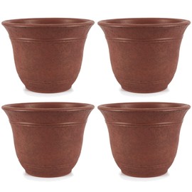 HC Companies Sierra 13 Inch Self Watering Round Plastic Flower Garden Planter Pot Container for Gardening Purposes, Rustic Redstone (4 Pack)