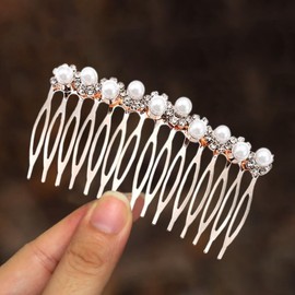 EVAZEN Pearl Bride Wedding Hair Comb Rose Gold Bridal Hair Piece Rhinestone Hair Accessories for Women and Girls