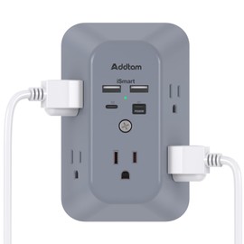 Addtam Surge Protector Outlet Extender, Multi Plug Wall Outlet with 4 USB Ports(PD 20W), 3-Sided 1800J Power Strip Plug Extension Outlet Splitter, Gray
