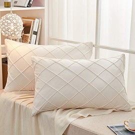 JAUXIO Diamond Pinch Pleated Crystal Velvet Pillowcases 2 Pack Solid Pintuck Throw Cushion Cover for Home Decor Hidden Zipper Closure (20x36 Inches, Cream)