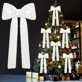 Soulchen 6 Pcs White Christmas Bows, 10x17 inch Plush Christmas Tree Wreath Bow Faux Fur Xmas Bowknot Decorations for Xmas Tree Winter Wedding Holiday Party Favor Decor