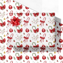 GIOLNIAY Candy Canes Christmas Wrapping Paper for Kids Adults - Holiday Gift Wrap Red Bows, Candy Canes & Ornaments - 4 Jumbo Sheets, 28" x 40" Each (31 sq. ft ttl), Easy to Store