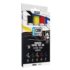 Pébéo Setacolor Leather Set, Acrylic Marker for Leather and Faux Leather, Personalisation of Bags and Shoes, Scratch, Wrinkle and Abrasion Resistant, Extra Fine Tip, 5 Markers in Basic Colours