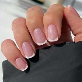 24 Stück Künstliche Nägel - Kurze French Kunstnägel Fingernägel zum Aufkleben - Press on Nails mit Nagelkleber Aufkleber für Frauen (Shimmer French, Normal)