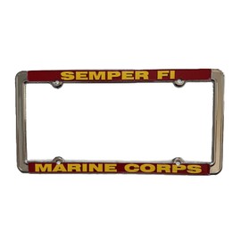 Semper Fi Marine Corps License Plate Frame, Chrome Metal, Red and Gold
