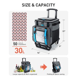 TOURIT 30L/50-Can Cooler with Wheels - 16Hrs Ice Retention Rolling Cooler with Retractable Handle & Oversized All-Terrain Tires, PU-Coated Waterproof Soft Cooler Bag for Camping, Beach Travel, Picnics