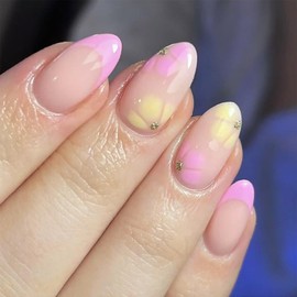 Almond Press on Nails Short Length Fake Nails Purple French Tip Acrylic Nails Press on Flower False Nails with Gold Glitter Designs Reusable Full Cover Glue on Nails for Women Girls 24PCS