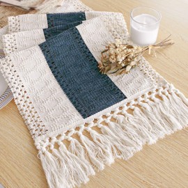 FEXIA Boho Table Runner for Home Decor 36 Inches Long Farmhouse Rustic Table Runner Cream & Blue Macrame Table Runner with Tassels for Boho Dining Bedroom Decor Rustic Bridal Shower (12x36 Inches)