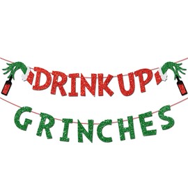 Drink Up Grinches Banner, Merry Grinchmas Banner Glittery Christmas Decorations Banners Party Home Decoration Banner Party Decorations for Home Wall Mantle Fireplace Party Supplies