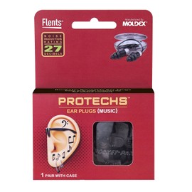 Flents Protechs Reusable Music Ear Plugs, Perfect For Concerts, Reduces Pressure And Background Noise, 1 Pair With Travel Size Case, Easy Use With Comfort Fit, NRR 27, Black, Made In The USA