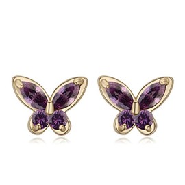 Crystalline Azuria Purple Violet Butterflies Stud Earrings with Zirconia Crystals 18K Gold Plated for Women
