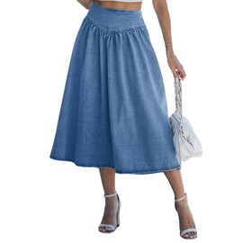 CUPSHE Women's Denim Maxi Skirt Pleated Elastic High Waist Casual Long Skirt for Autumn Winter, Denim-blue